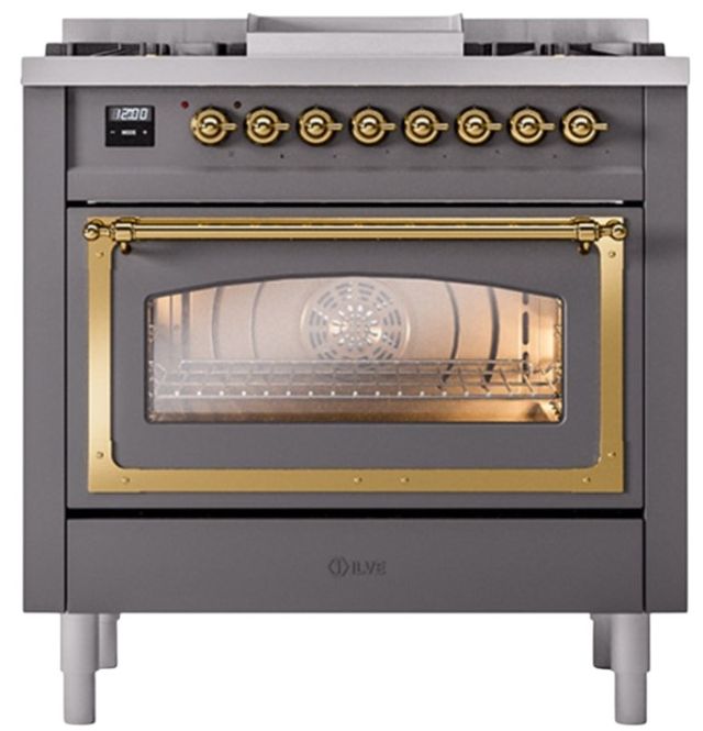 Ilve® Nostalgie II Noblesse 36'' Graphite Matte Pro Style Dual Fuel Range with Brass Trim-1