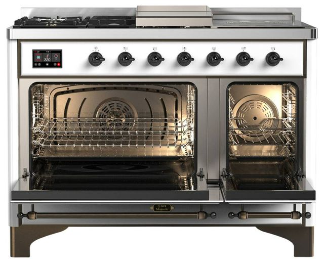 Ilve® Majestic III 48" White Pro Style Dual Fuel Natural Gas Range with Solid Door and Burnished Trim-1