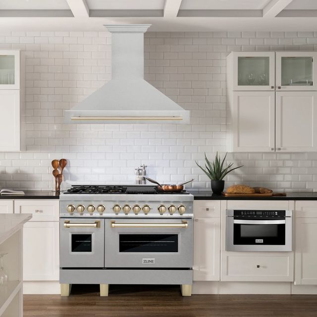 ZLINE Autograph Edition 48" Satin Stainless Steel Wall Mounted Range Hood with Polished Gold Handle-1