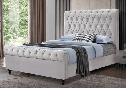 Milton Greens Stars Light Gray Queen Velvet Rolled Top Tufted Platform Bed-1