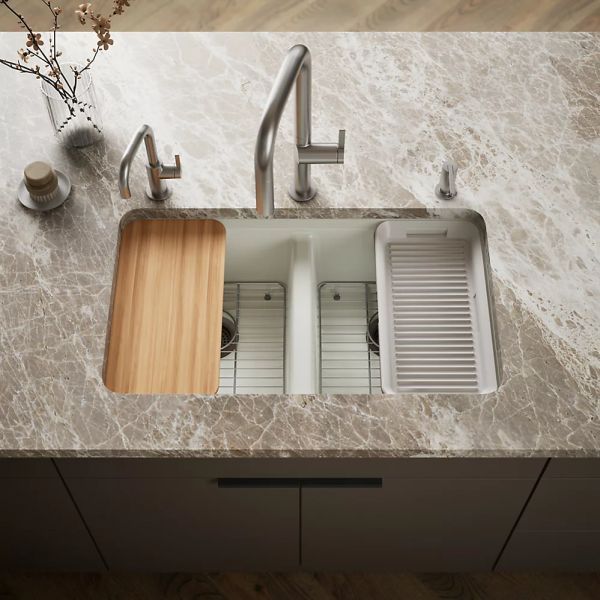 KOHLER® Riverby® Dune 33" Undermount Double-Equal Bowl Workstation Kitchen Sink with Accessories-1