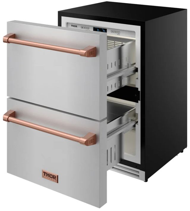 Thor Kitchen® Gordon Ramsay 24" 5.4 Cu. Ft. Stainless Steel Under-Counter Outdoor Freestanding Freezer Drawer with Rose Gold Handle-4