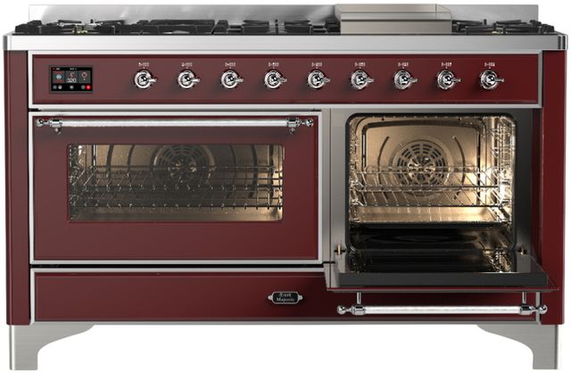 Ilve® Majestic III 60" Burgundy Pro Style Dual Fuel Liquid Propane Range with Triple Glass Door and Chrome Trim-3