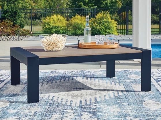 Signature Design by Ashley® East Beach Driftwood Aluminum/Wooden Outdoor Cocktail Table with Navy Blue Base-1