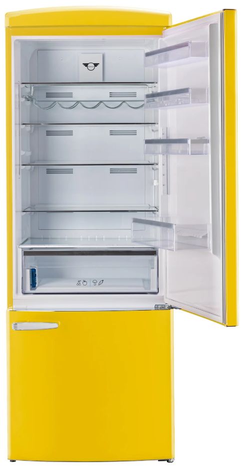 Unique Appliances 28” 17 Cu. Ft. Canary Yellow Bottom Freezer Refrigerator with Chrome Accent Handles-3
