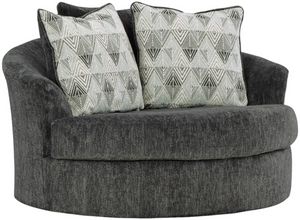 front view of the Signature Design by Ashley® Biddeford Shadow Oversized Swivel Accent Chair, a round grey oversized swivel chair