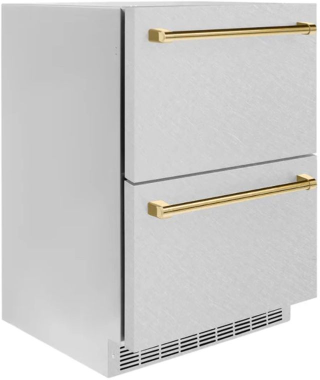 ZLINE Autograph Edition 24" Touchstone 168 Can Outdoor-Rated Dual Refrigerator Drawer with Satin Stainless Steel Doors and Polished Gold Handles-1