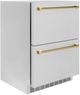 ZLINE Autograph Edition 24 in. Touchstone 168 Can Outdoor-Rated Dual Refrigerator Drawer with Satin Stainless Steel Doors and Polished Gold Handles-1