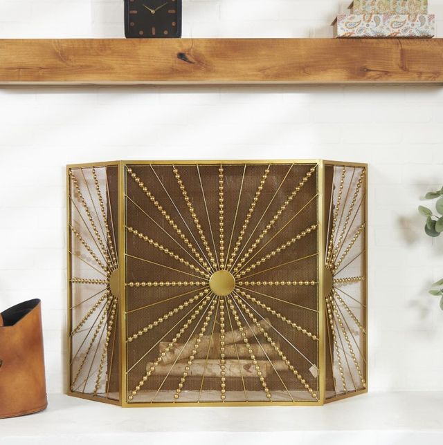 Deco Marche Gold Starburst Foldable 3 Panel Fireplace Screen with Bead Inspired Rays-3