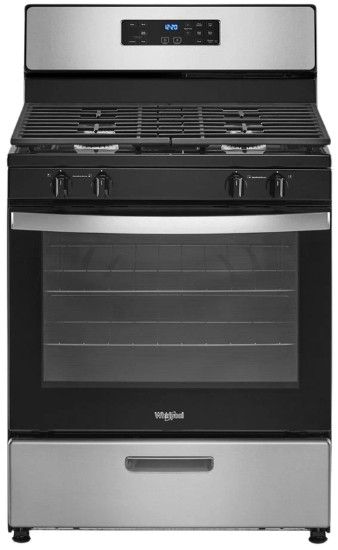 Whirlpool 30” Stainless Steel Freestanding Gas Range with Broiler Drawer with Essex cabinets in White