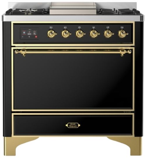 Ilve® Majestic III 36" Glossy Black Pro Style Dual Fuel Natural Gas Range with Solid Door and Brass Trim-0