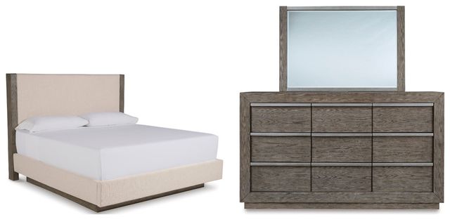 Benchcraft® Anibecca 3-Piece Weathered Gray Queen Upholstered Panel Bed Set-0