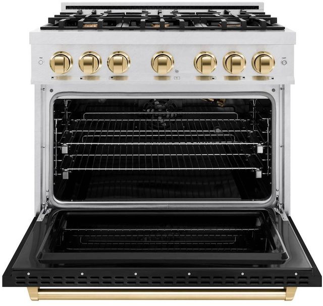 ZLINE Classic 36" Satin Stainless Steel Pro Style Gas Range with Black Matte Door and Polished Gold Accents -1