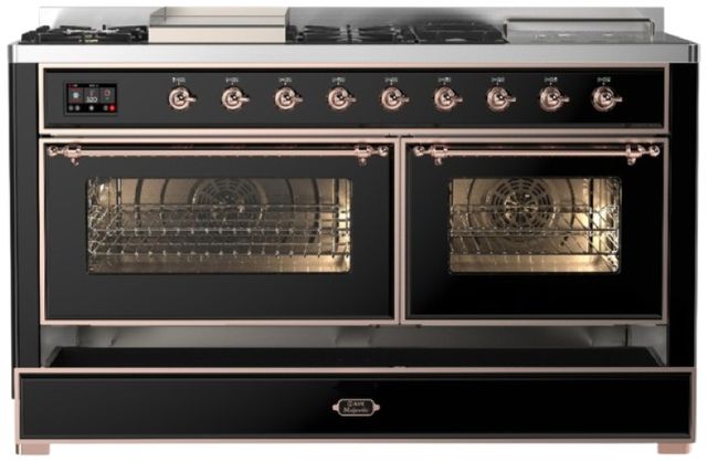 Ilve® Majestic III 60" Glossy Black Pro Style Dual Fuel Liquid Propane Range with French Top and Copper Trim-2