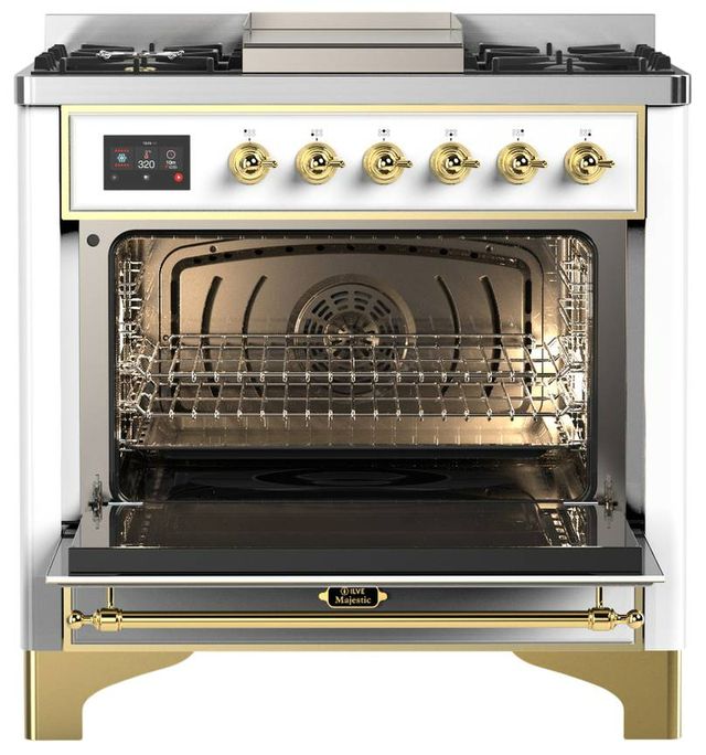 Ilve® Majestic III 36" White Pro Style Dual Fuel Liquid Propane Range with Solid Door and Brass Trim-1