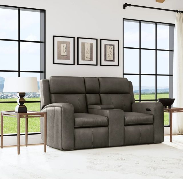 Flexsteel® Wyatt Gunmetal Gray Leather Power Reclining Loveseat with Console, Power Headrests and Lumbar-2