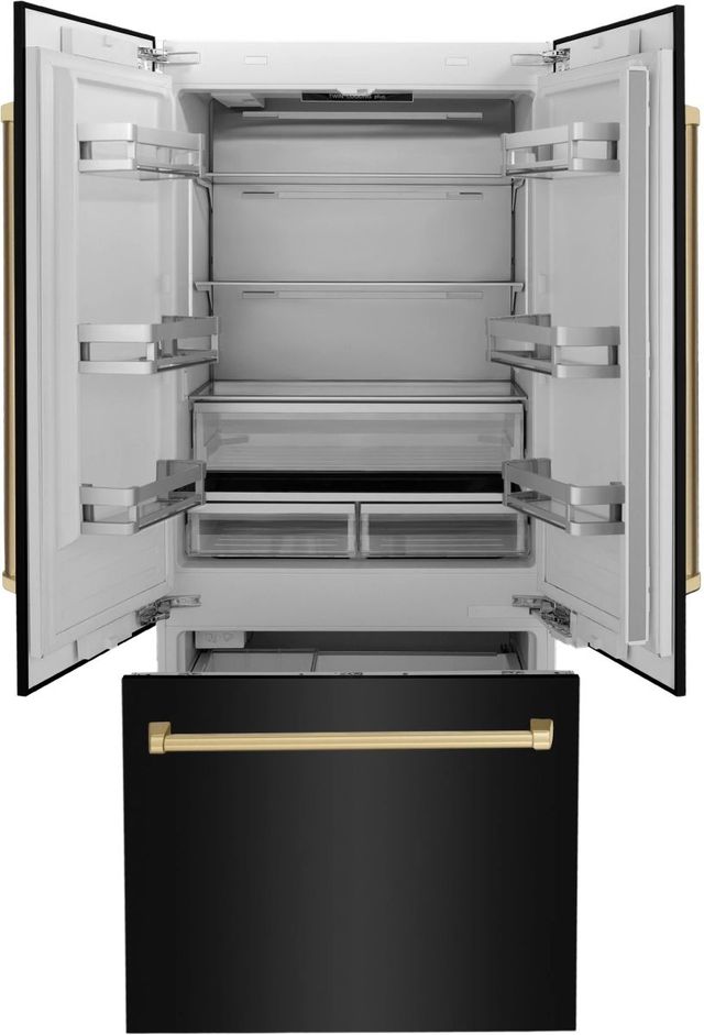 ZLINE Autograph Edition 36" 19.6 Cu. Ft. Black Stainless Steel Built-In Counter Depth French Door Refrigerator with Polished Gold Accent and Bright White Interior-1