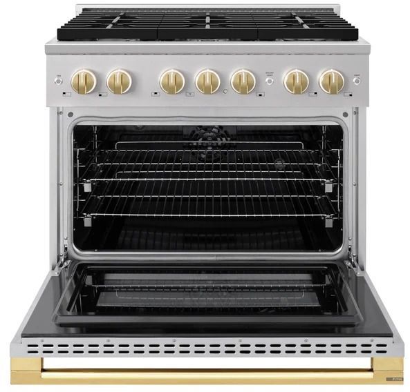 ZLINE Marino 36" Stainless Steel Pro Style Dual Fuel Range with Polished Gold Accents-1
