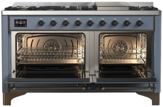Ilve® Majestic III 60" Blue Gray Pro Style Dual Fuel Liquid Propane Range with Solid Door and Burnished Trim-1