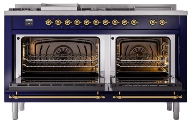 Ilve® Nostalgie II Noblesse 60'' Midnight Blue Pro Style Dual Fuel Range with Brass Trim-2