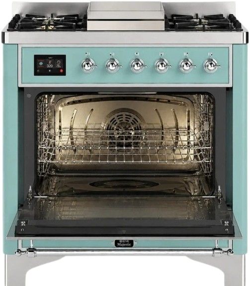 Ilve Majestic III 36” Mediterranean Mint Freestanding Natural Gas Dual Fuel Range with 6 Black Brass Burners and Griddle-1