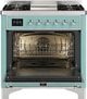 Ilve Majestic III 36” Mediterranean Mint Freestanding Natural Gas Dual Fuel Range with 6 Black Brass Burners and Griddle-1