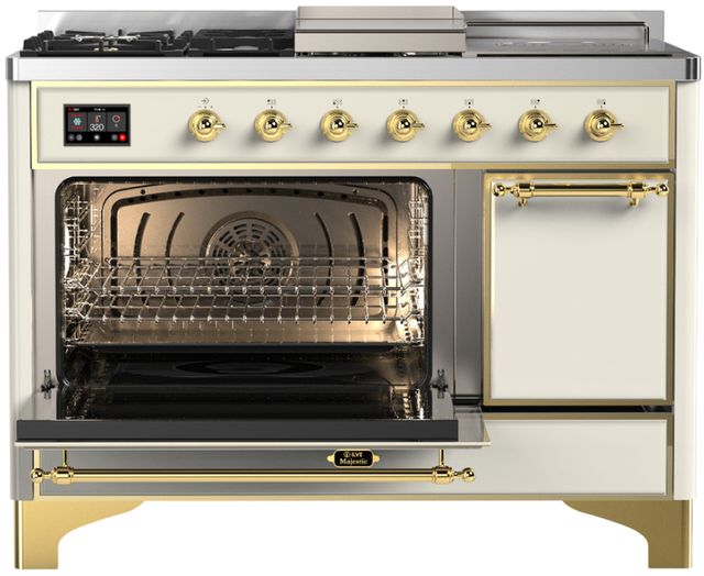 Ilve® Majestic III 48" Antique White Pro Style Dual Fuel Natural Gas Range with 5 Black Brass Burners and Brass Trim-2