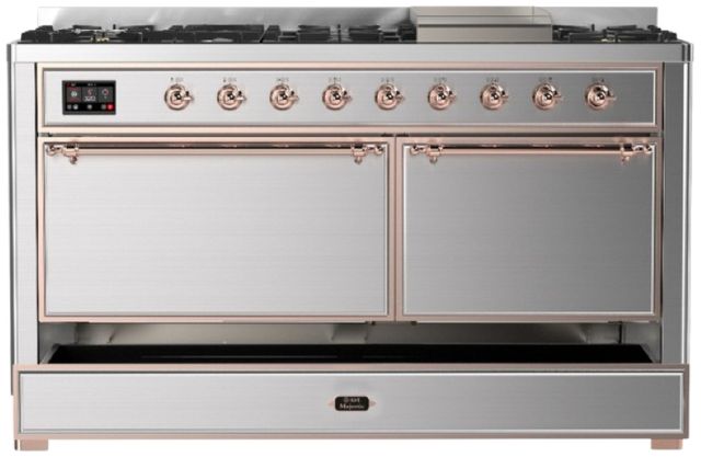 Ilve® Majestic III 60" Stainless Steel Pro Style Dual Fuel Natural Gas Range with Solid Door and Copper Trim-2