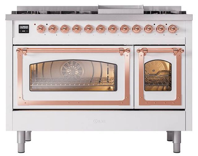 Ilve® Nostalgie II Noblesse 48'' White Pro Style Dual Fuel Range with Copper Trim-1