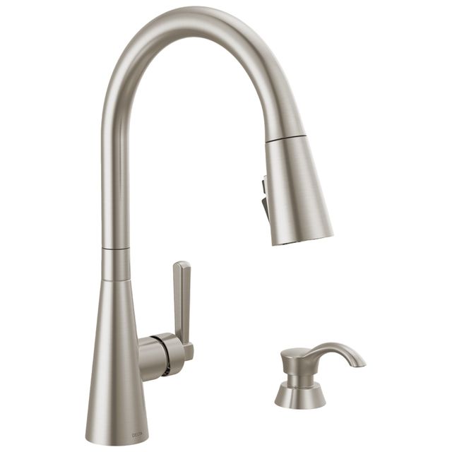 Delta Boyd™ Spotshield Stainless Single Handle Kitchen Faucet Spotshield Stainless with Soap Dispenser and ShieldSpray Technology -0