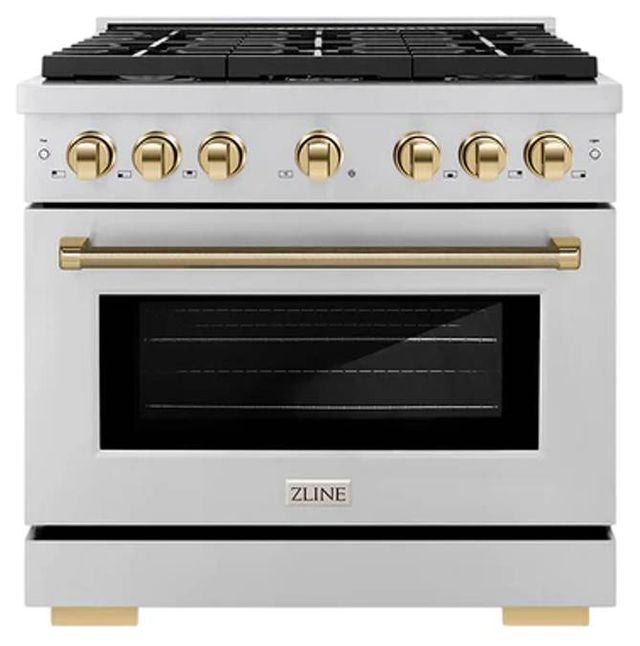 ZLINE Autograph Edition Paramount 36" Stainless Steel/Polished Gold Helix Handle Freestanding Gas Range with 6 Burner Cooktop and Convection Gas Oven-0