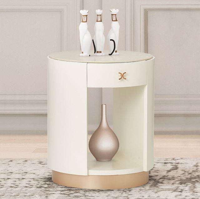 Michael Amini® La Rachelle White Round End Table with Medium Champagne Base -1
