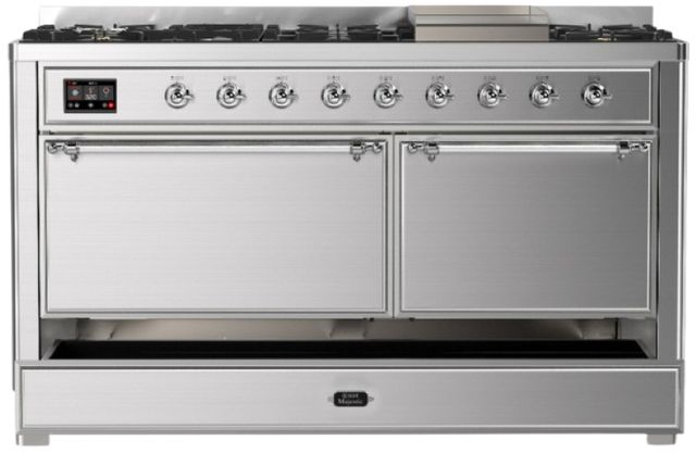 Ilve® Majestic III 60" Stainless Steel Pro Style Dual Fuel Natural Gas Range with Solid Door and Chrome Trim-2