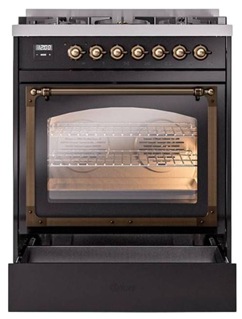 Ilve® Nostalgie II Noblesse 30" Glossy Black Pro Style Dual Fuel Range with Burnished Trim-2