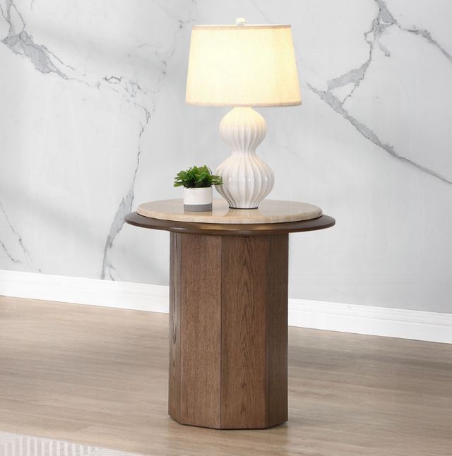 ACME Furniture Kasha Beige Travertine Top End Table with Walnut Base-1