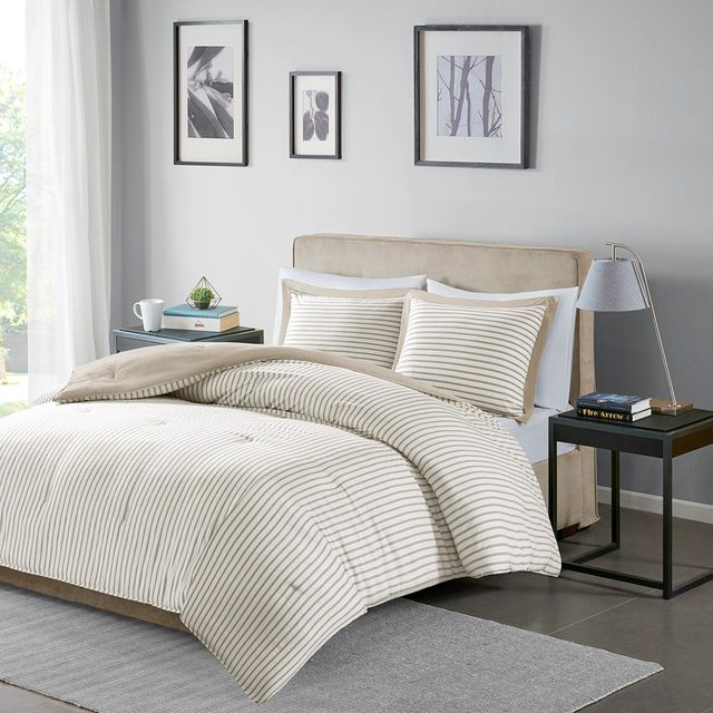 Olliix by Madison Park Essentials Hayden Tan King/California King Reversible Yarn Dyed Down Alternative Comforter Set-0