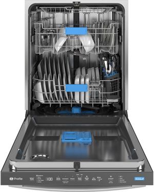 Front view of the opened GE Profile™ 24" Fingerprint Resistant Stainless Steel Top Control Built In Dishwasher