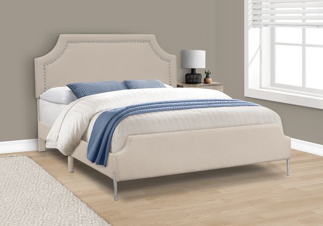 Monarch Specialties Inc. Beige Upholstered Queen Bed with Nailhead Trim-2