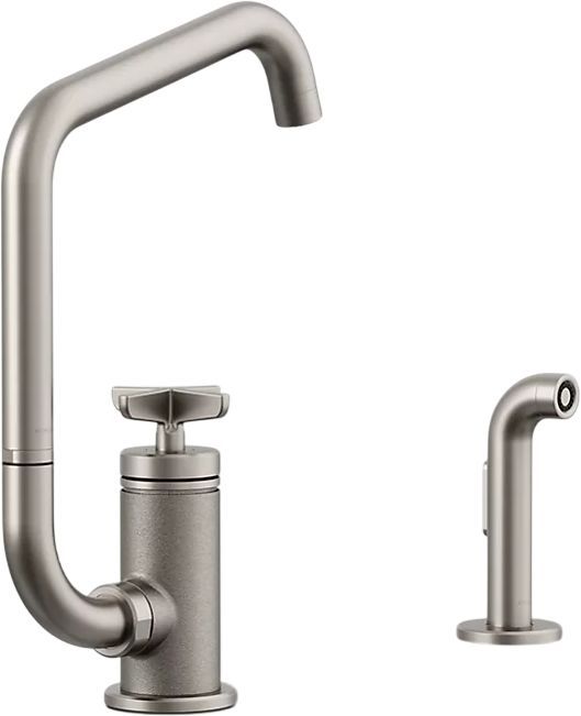 KOHLER® Billet® Vibrant Stainless Single Cross-Handle Bar Sink Faucet with 2-Function Extended-Reach Spout and Side Sprayer-0