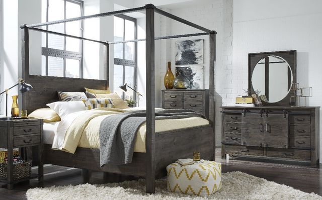 view of a modern bedroom with a canopy bed