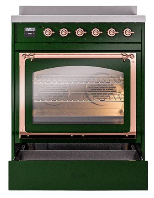 Ilve® Nostalgie II Noblesse 30'' Emerald Green Pro Style Induction Range with Copper Trim-3