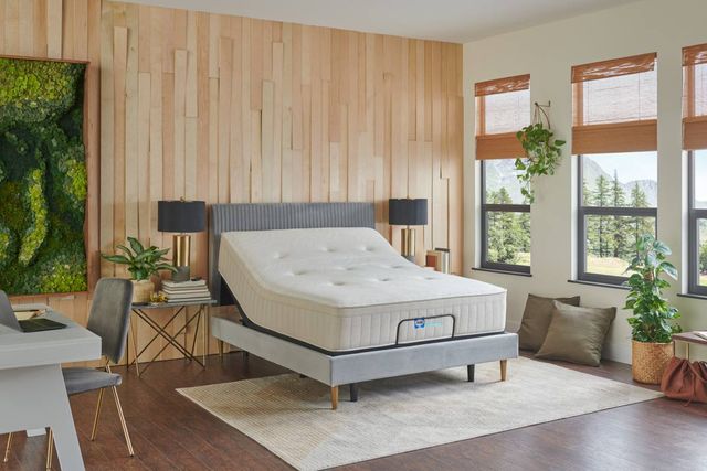 Front view of a Sealy mattress on an adjustable bed frame in a modern bedroom