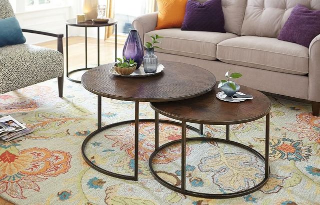 Hammary® Sanford Acid Washed Copper Top Round Nesting Cocktail Table with Antiqued Bronze Metal Base -1