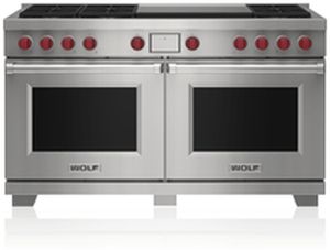 front view of the Wolf® 60" Stainless Steel Freestanding Dual Fuel Range
