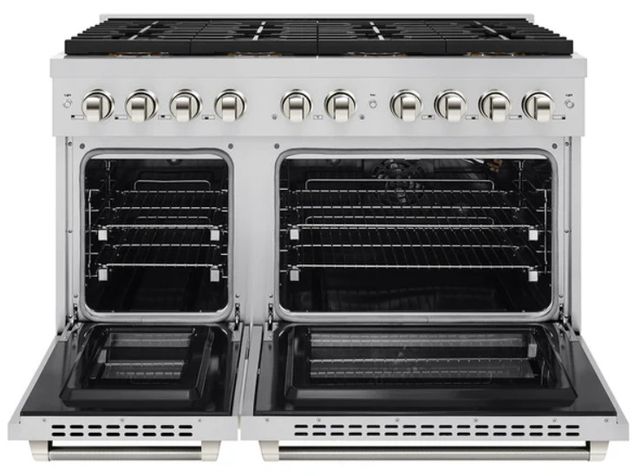 ZLINE Autograph Edition Paramount 48" 6.7 Cu. Ft. Stainless Steel Gas Range with 8 Burner DuoPro™ Cooktop and Dual Ovens with Polished Nickel Helix Handles and Accents-1