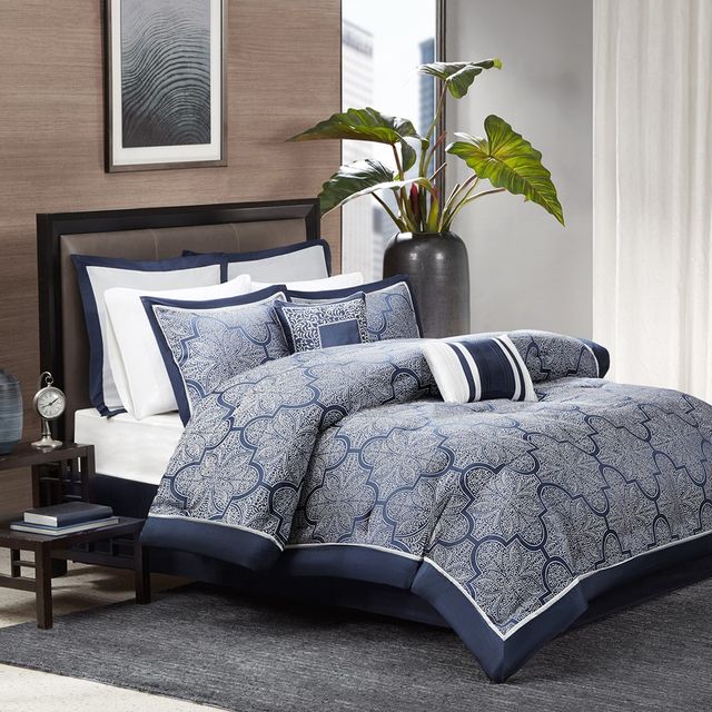 Olliix by Madison Park Medina 8 Piece Navy King Jacquard Comforter Set-0
