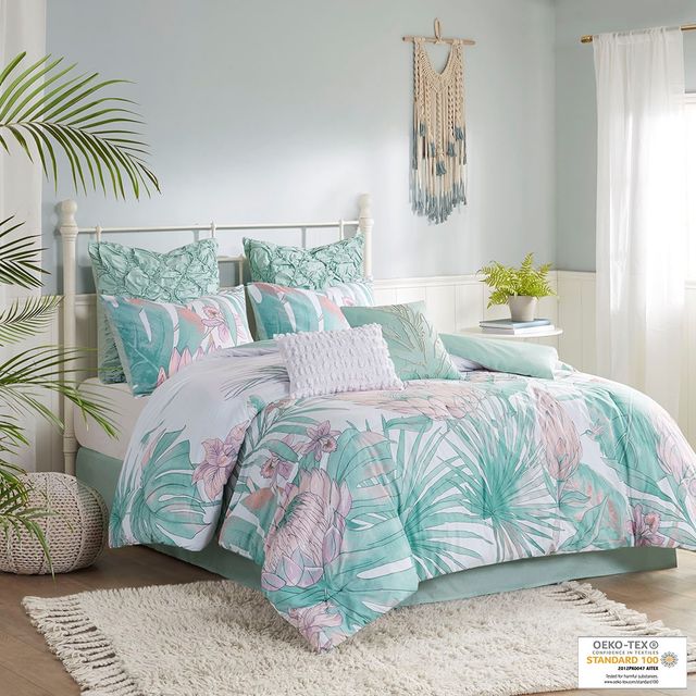 Olliix by Madison Park Keilani Aqua California King Eight Piece Cotton Printed Comforter Set-2