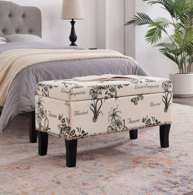 Linon Stephanie Beige Botanical Storage Ottoman -1