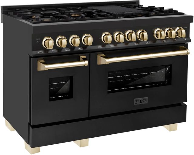 ZLINE Autograph Edition Legacy 48" Black Stainless Steel Pro-Style Dual Fuel Range with Two Electric Ovens and Polished Gold Accents-3