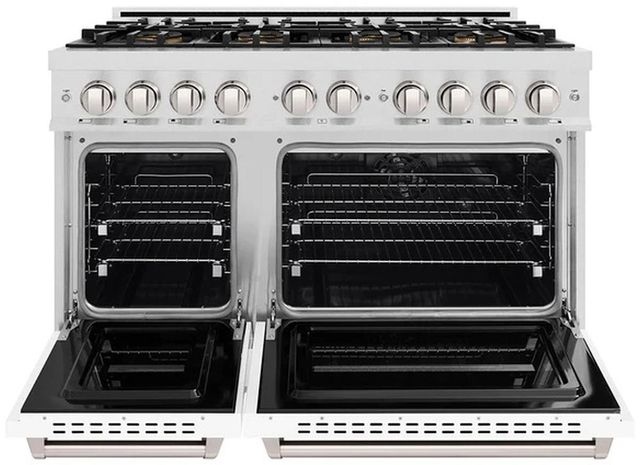 ZLINE 48" 6.7 cu. ft. Dual Fuel Range with 8 Burner DuoPro™ Cooktop and Dual Ovens in Satin Stainless Steel with White Matte Doors-1